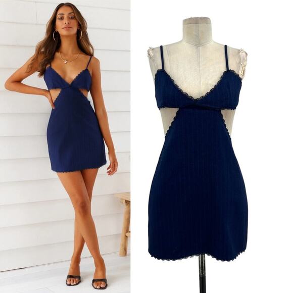 Lioness Awakening Dress Midnight Blue Pinstripe Cutout Mini Size Small‎ - Picture 1 of 13